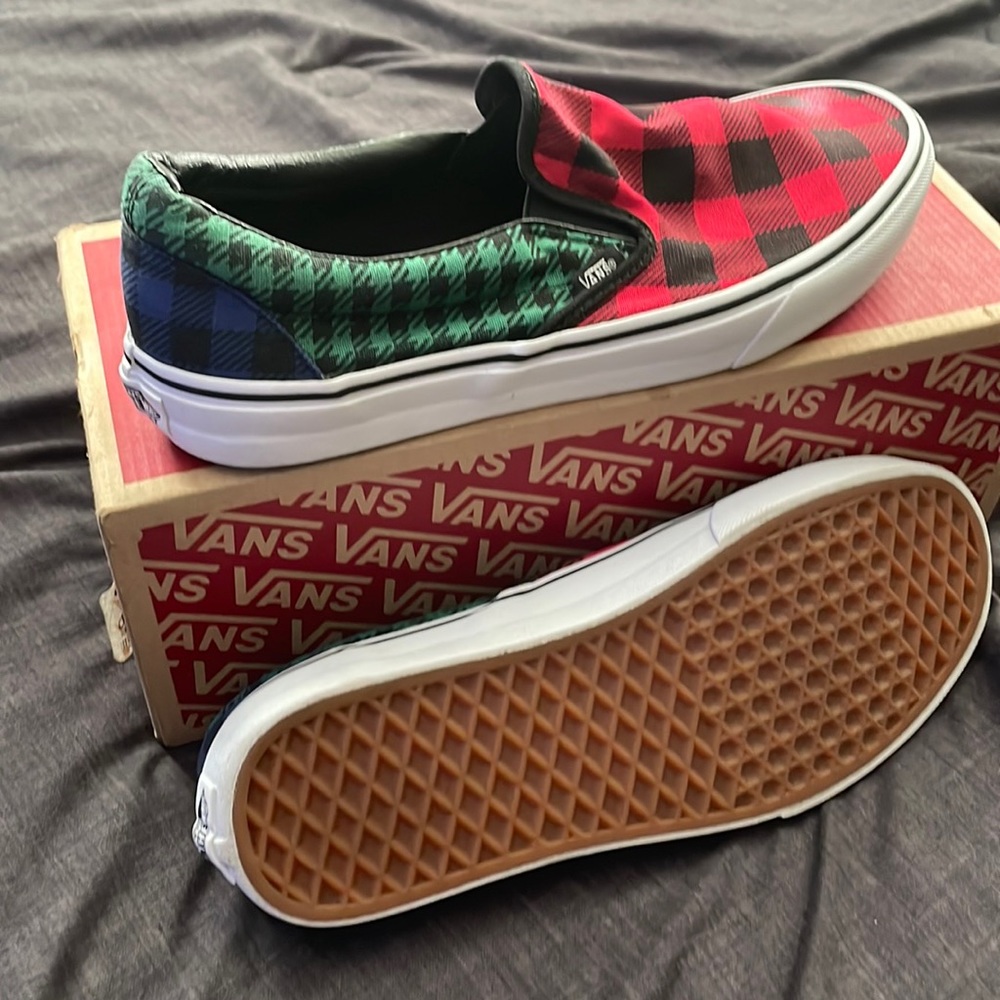 Red, Green and blue flannel checkered mesh van shoes. Gum bottoms, size 10.